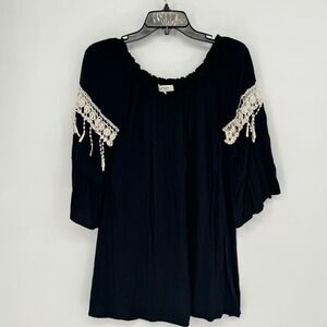 Umgee USA Black Crochet Trim Tassel Off Shoulder Boho Bell Sleeve Tunic Top M